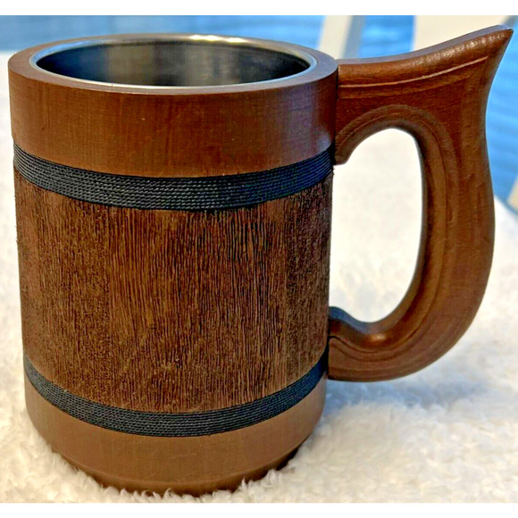 Wooden Beer Mug Stein with Stainless Steel Cup Liner Sword and Skull - Picture 7 of 8